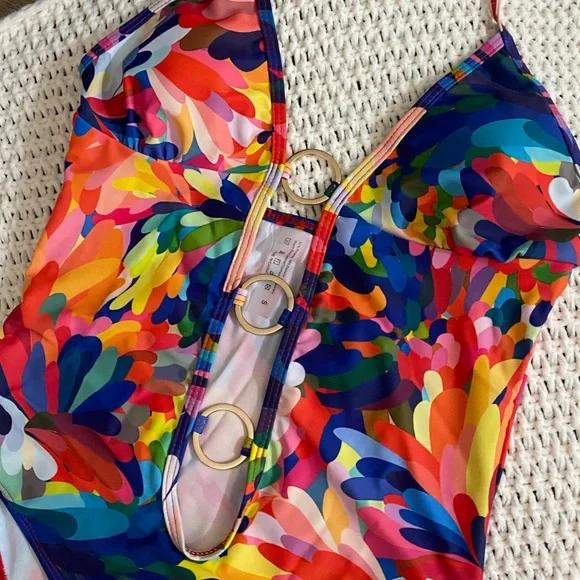 Shein multicolored deep V halter one piece swimsuit size small New in bag - Picture 2 of 8